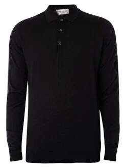 John Smedley Cotswold Longsleeved Polo Shirt - Black -Standout Fashion Shop 19542e