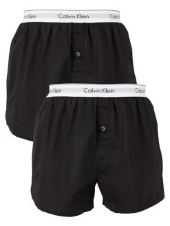 Calvin Klein 2 Pack Logo Slim Fit Woven Boxers - Black/Black