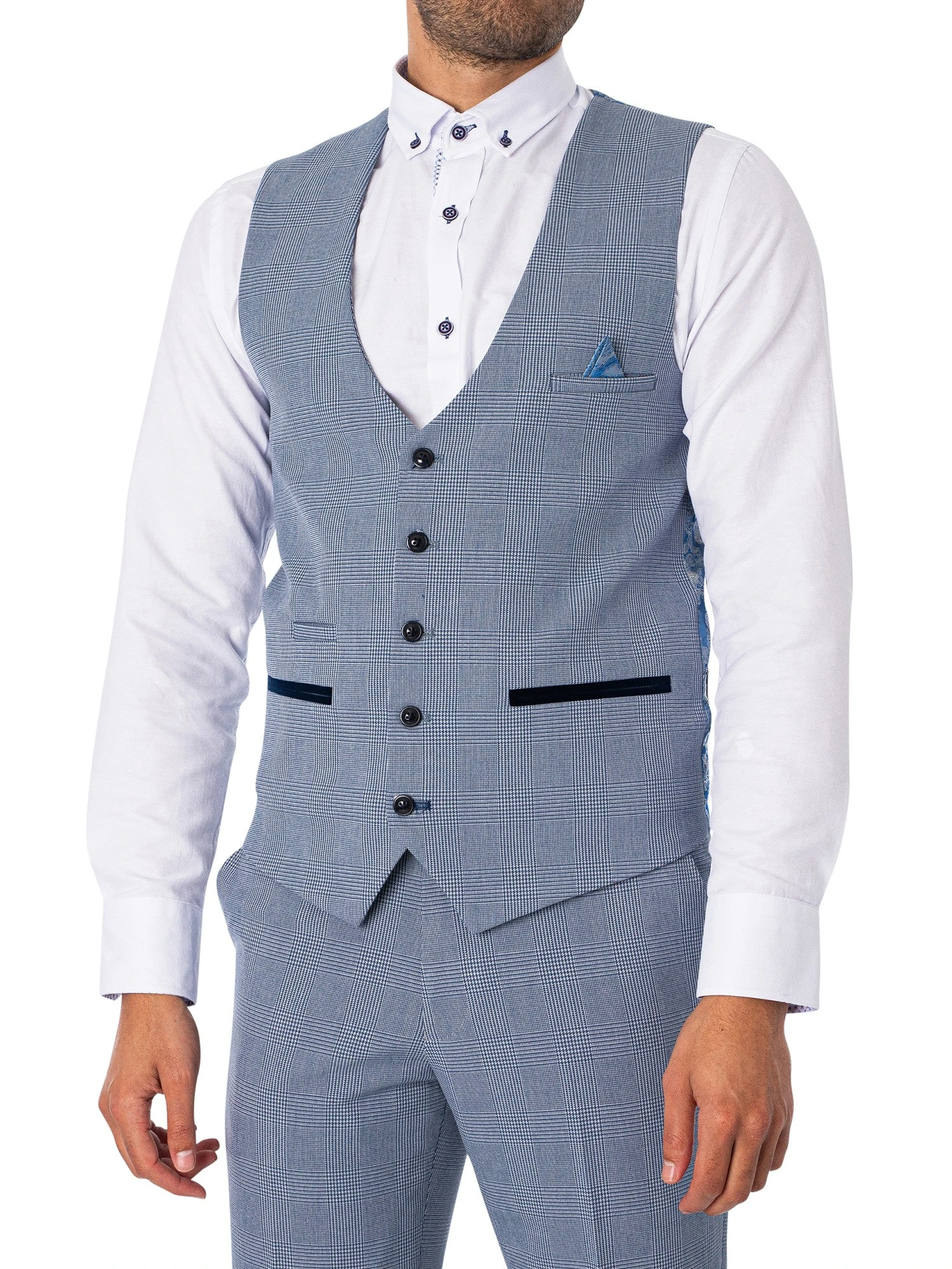 Marc Darcy Bromley Single Breasted Check Waistcoat - Sky 1 Marc Darcy Bromley Single Breasted Check Waistcoat - Sky