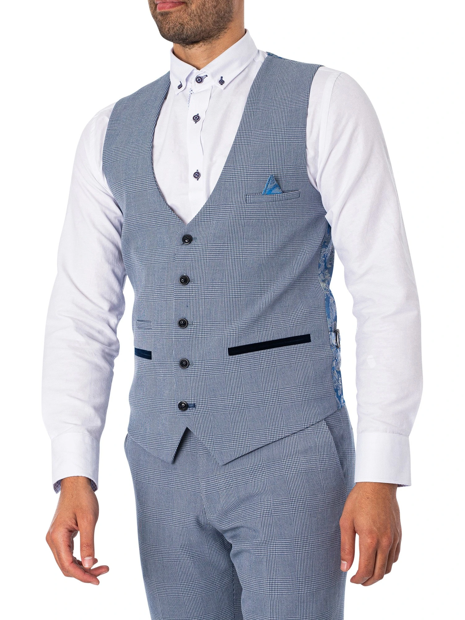 Marc Darcy Bromley Single Breasted Check Waistcoat - Sky 2 Marc Darcy Bromley Single Breasted Check Waistcoat - Sky - Image 2
