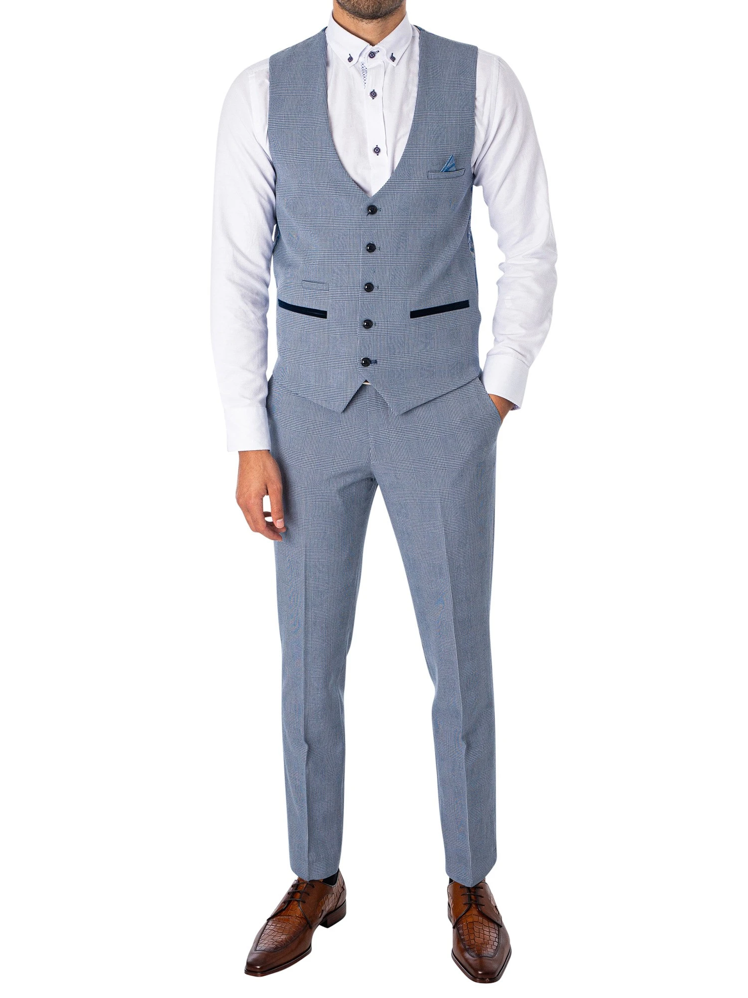 Marc Darcy Bromley Single Breasted Check Waistcoat - Sky 7 Marc Darcy Bromley Single Breasted Check Waistcoat - Sky - Image 7