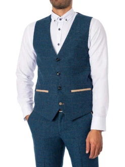 Marc Darcy Dion Tweed Check Waistcoat - Blue
