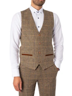 Marc Darcy Ted Tweed Check Waistcoat - Tan