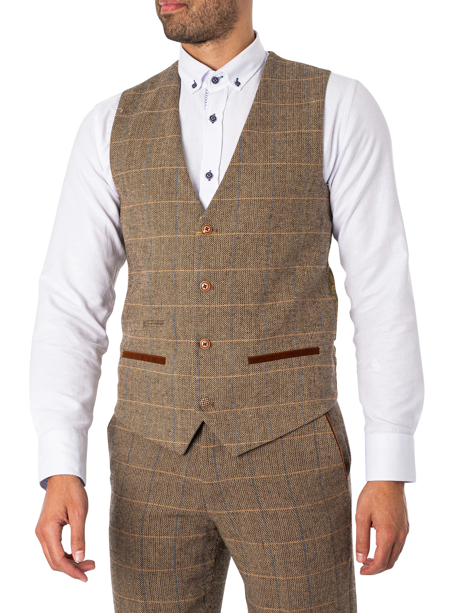 Marc Darcy Ted Tweed Check Waistcoat - Tan 2 Marc Darcy Ted Tweed Check Waistcoat - Tan - Image 2