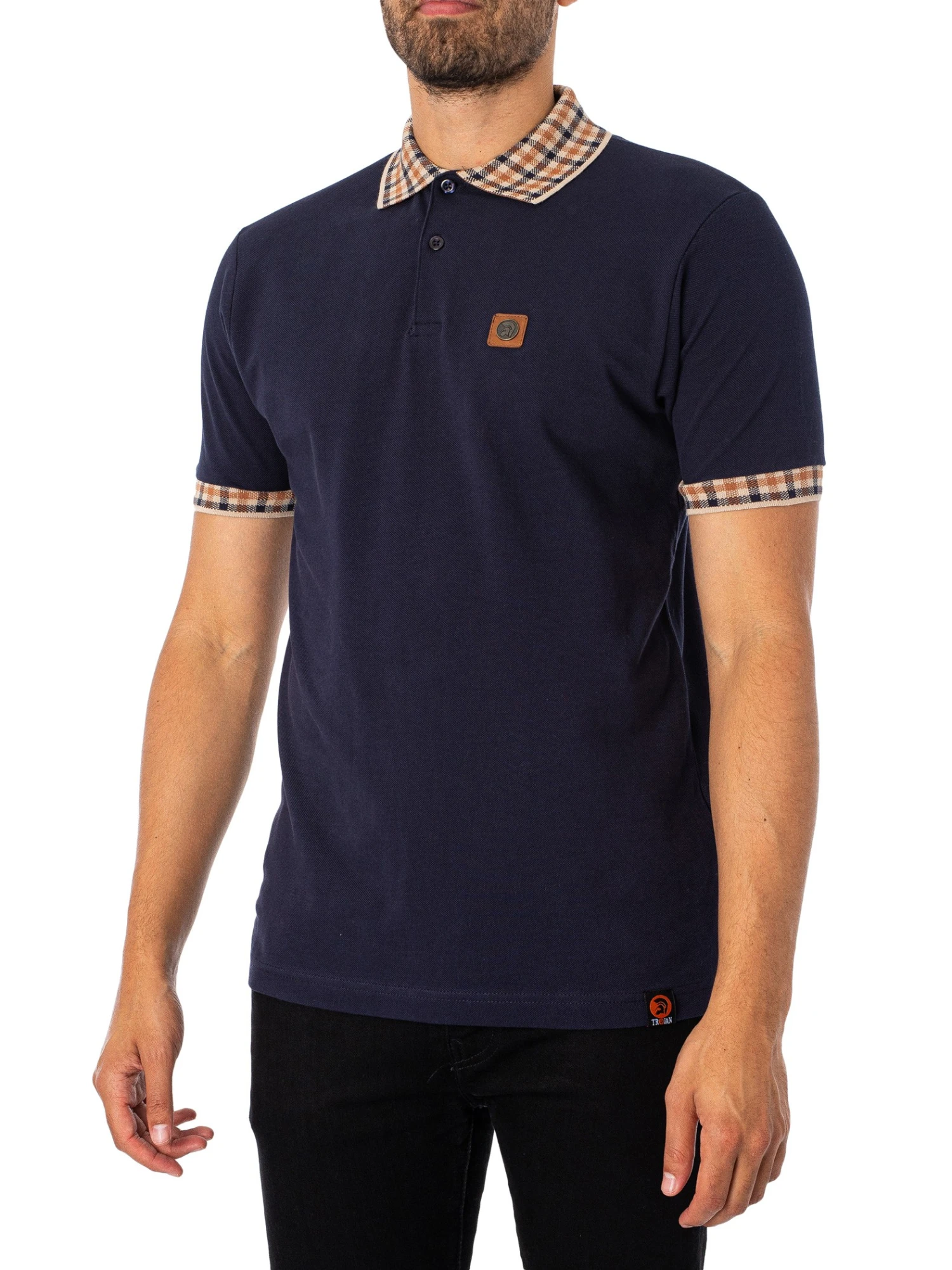 Trojan Jacquard Gingham Trim Pique Polo Shirt - Navy 2 Trojan Jacquard Gingham Trim Pique Polo Shirt - Navy - Image 2
