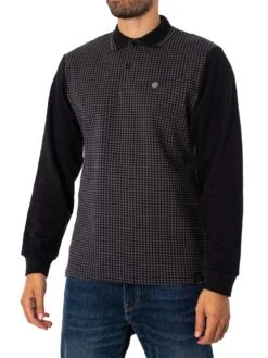 Trojan Longsleeved Houndstooth Panel Polo Shirt - Black
