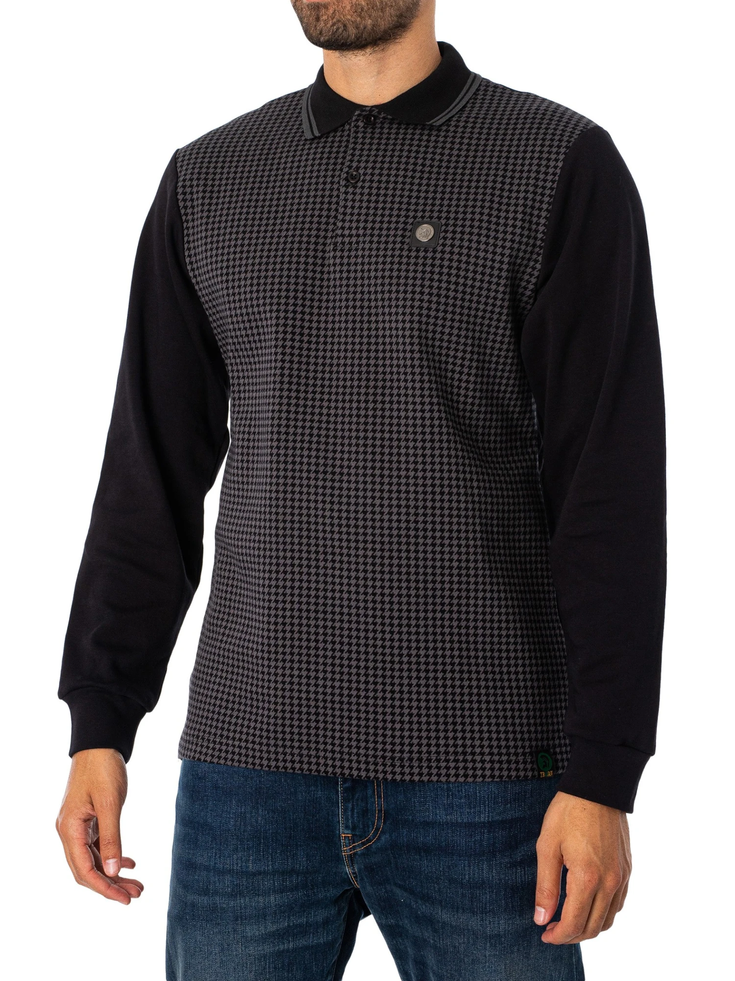 Trojan Longsleeved Houndstooth Panel Polo Shirt - Black 1 Trojan Longsleeved Houndstooth Panel Polo Shirt - Black