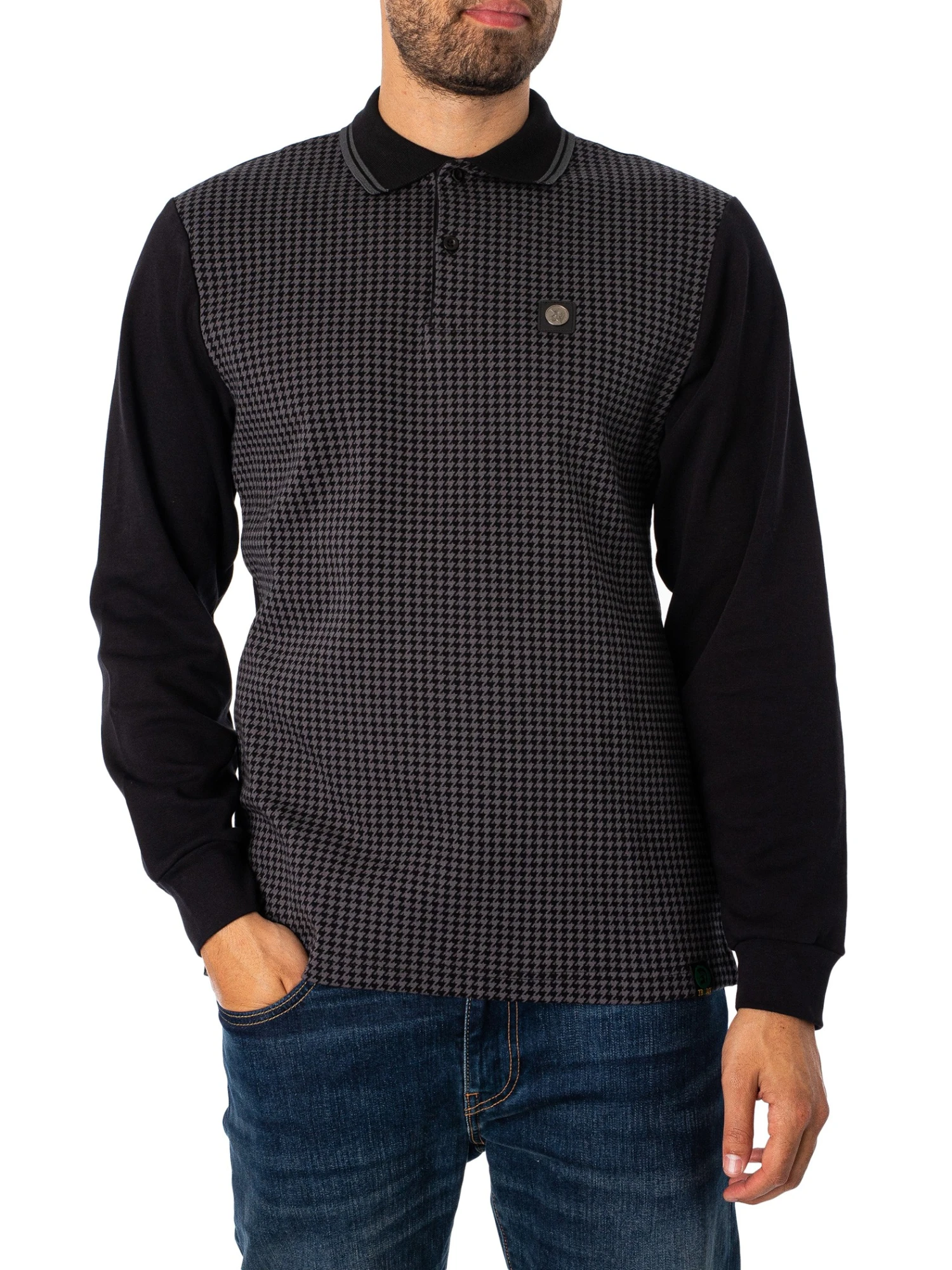 Trojan Longsleeved Houndstooth Panel Polo Shirt - Black 2 Trojan Longsleeved Houndstooth Panel Polo Shirt - Black - Image 2