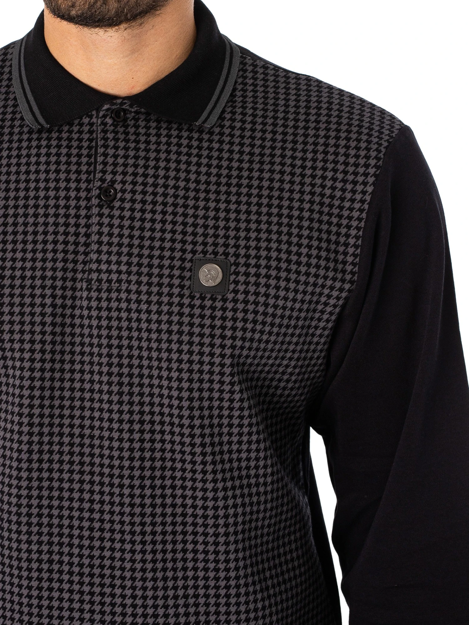 Trojan Longsleeved Houndstooth Panel Polo Shirt - Black 4 Trojan Longsleeved Houndstooth Panel Polo Shirt - Black - Image 4