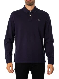 GANT Regular Shield Longsleeved Pique Polo Shirt - Evening Blue