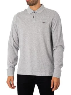GANT Regular Shield Longsleeved Pique Polo Shirt - Grey Melange
