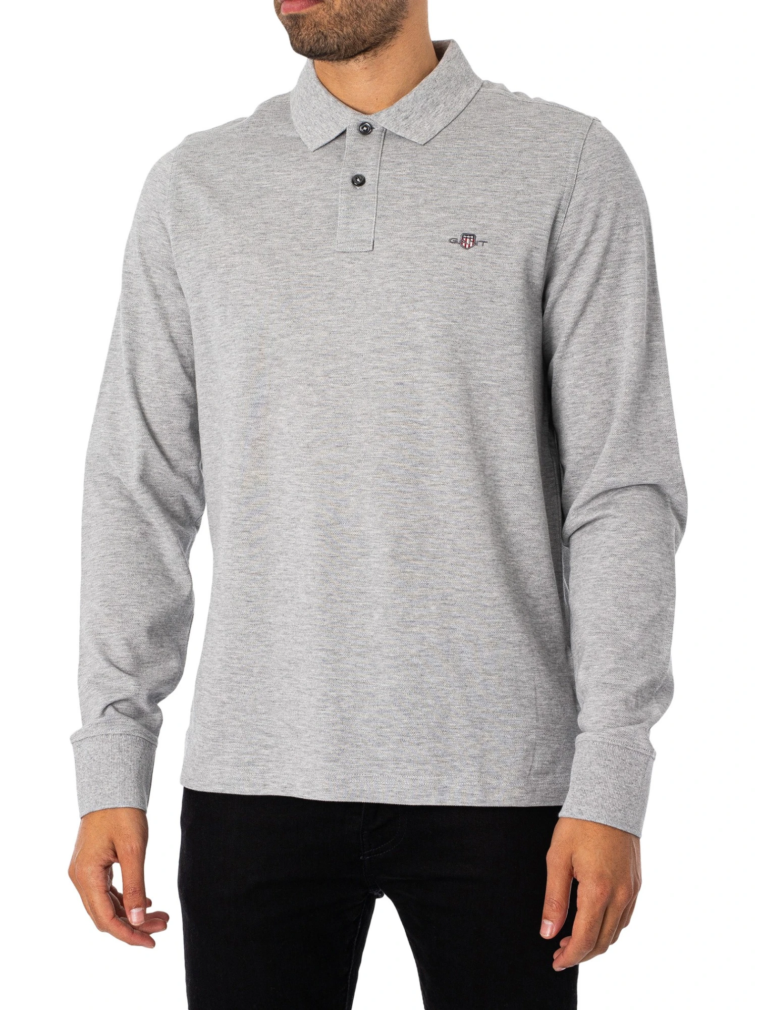 GANT Regular Shield Longsleeved Pique Polo Shirt - Grey Melange 1 GANT Regular Shield Longsleeved Pique Polo Shirt - Grey Melange