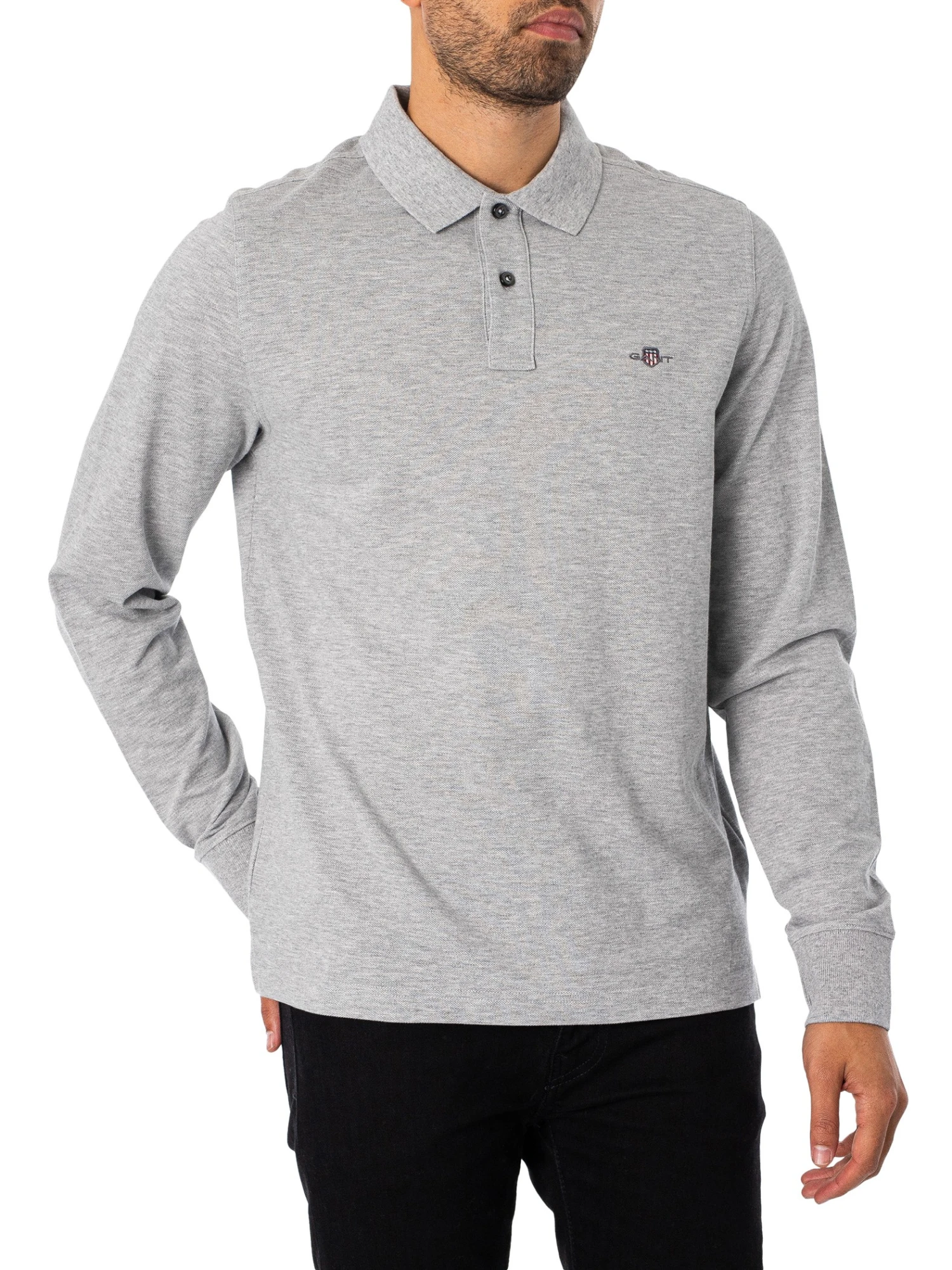 GANT Regular Shield Longsleeved Pique Polo Shirt - Grey Melange 2 GANT Regular Shield Longsleeved Pique Polo Shirt - Grey Melange - Image 2