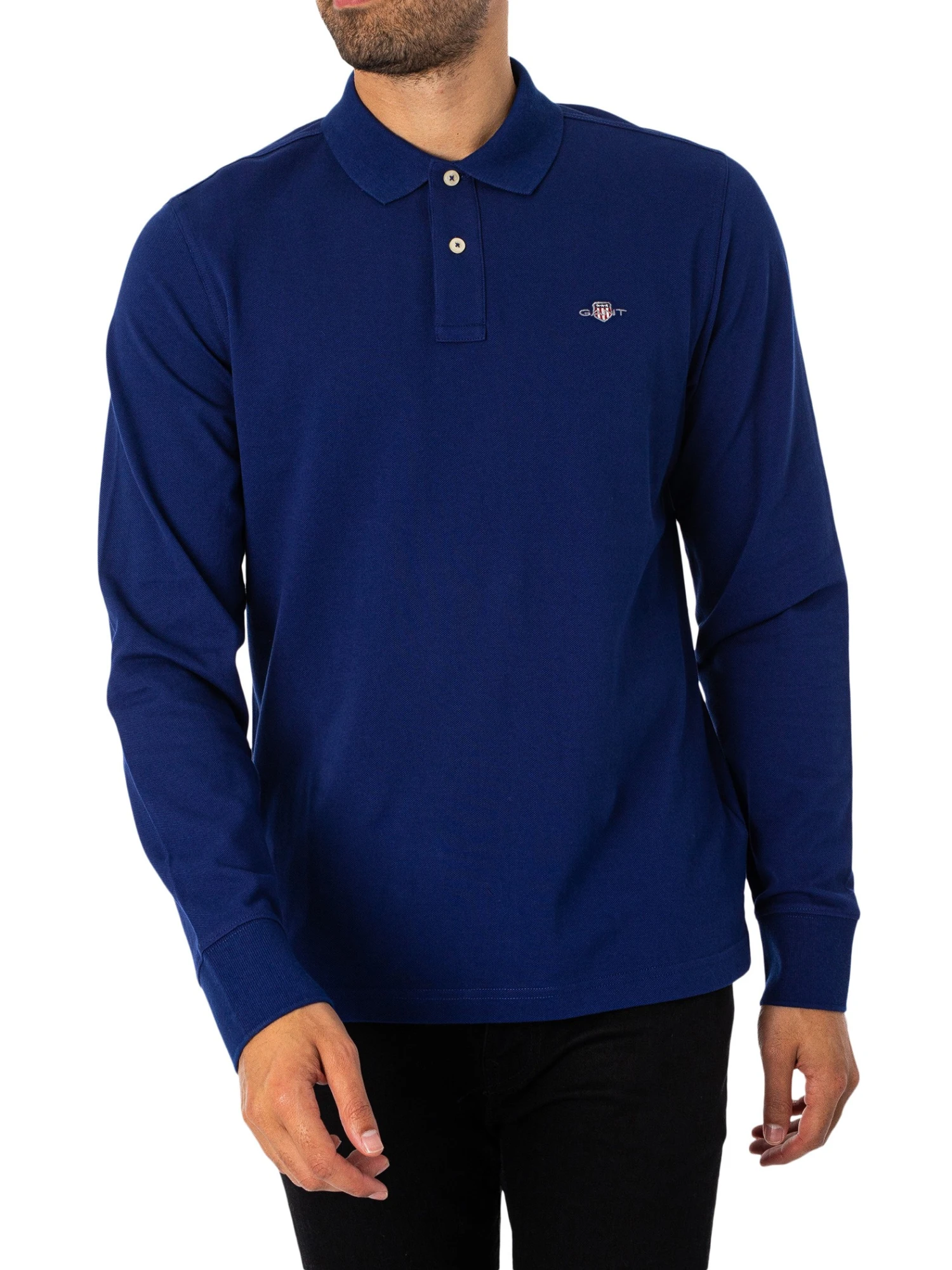 GANT Regular Shield Longsleeved Pique Polo Shirt - Rich Navy 1 GANT Regular Shield Longsleeved Pique Polo Shirt - Rich Navy