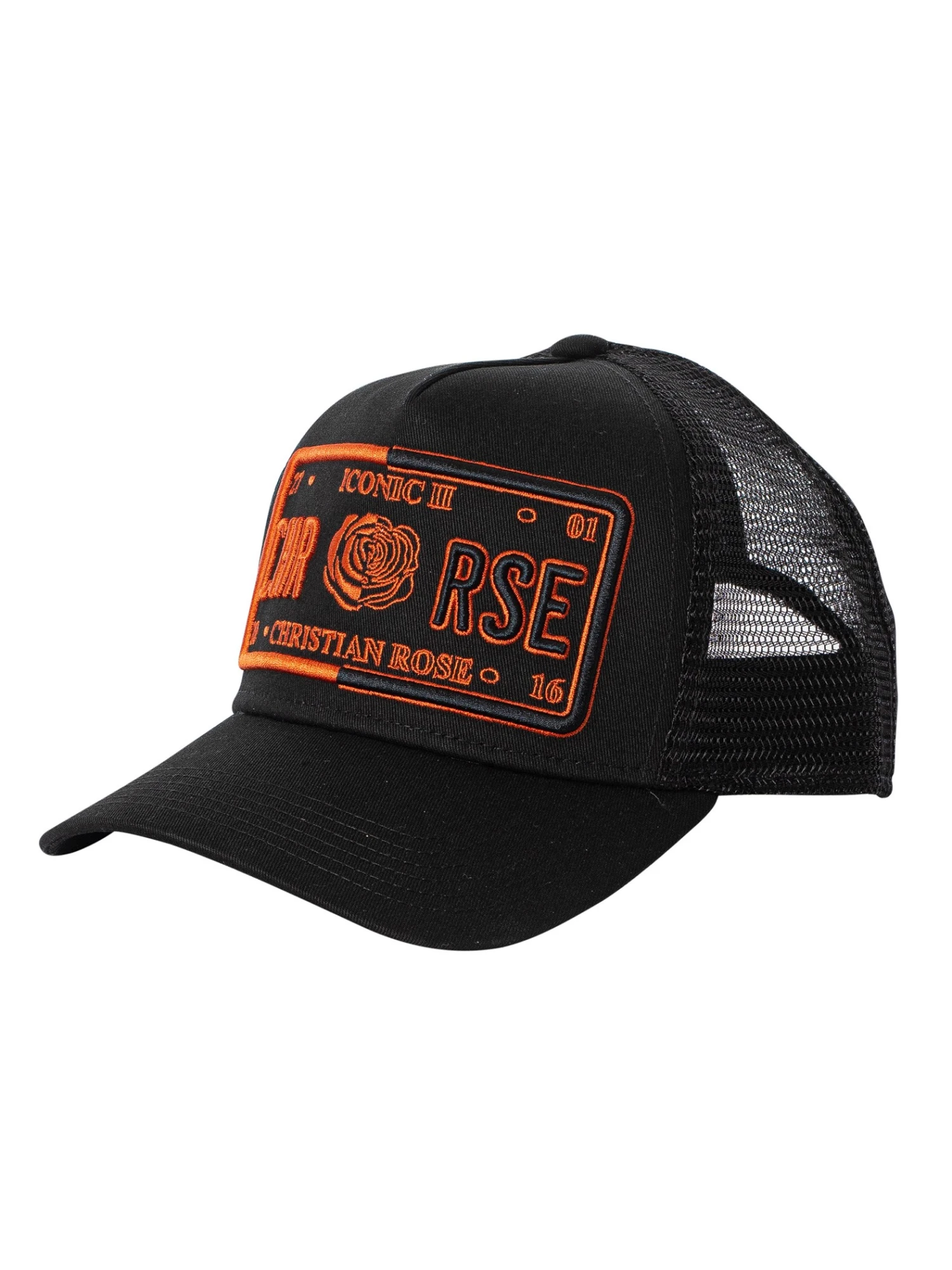 Christian Rose Iconic 50/50 Plate Trucker Cap - Black/Orange 1 Christian Rose Iconic 50/50 Plate Trucker Cap - Black/Orange